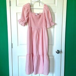 Ces Femme Midi puffed short sleeved pink and white checkered dress Sz L